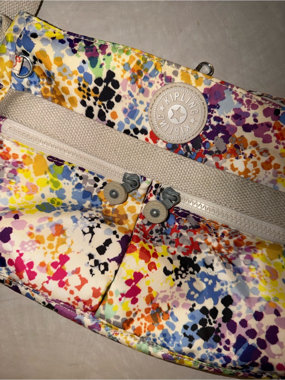 Kipling Angie Crossbody Bag Multicolor Paint Splatter Rainbow Ink Spots Print